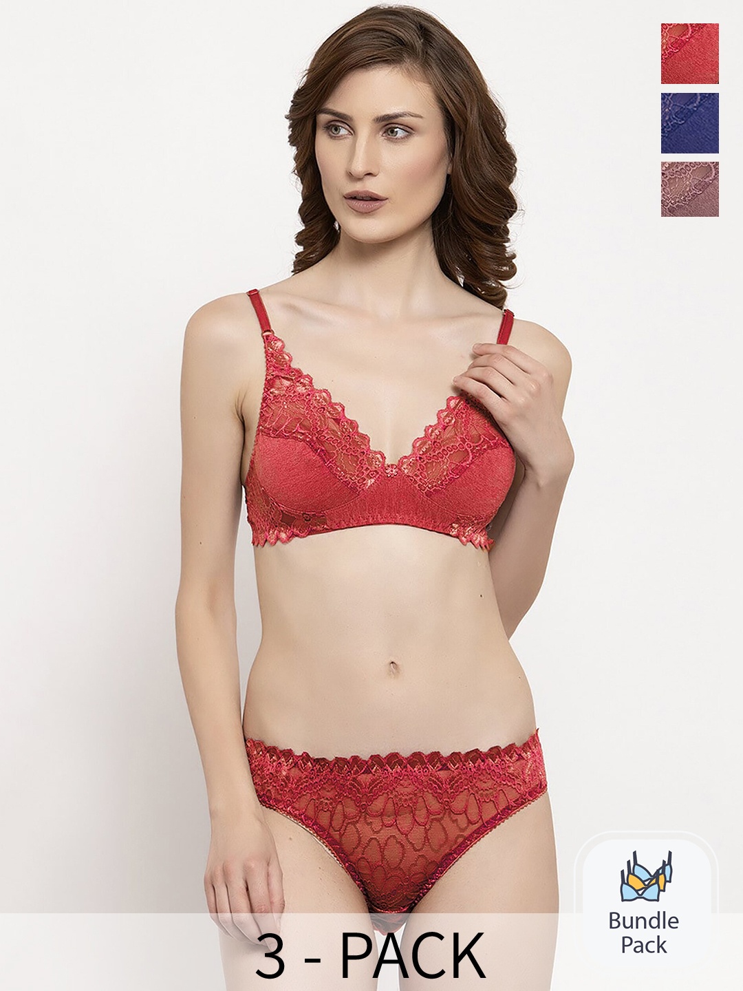 

AROUSY Pack Of 3 Self Design Lingerie Set, Red