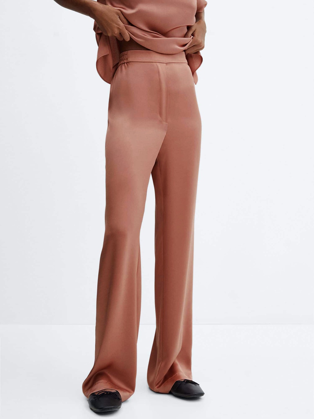 

MANGO Women Satin Finish High-Rise Trousers, Rose