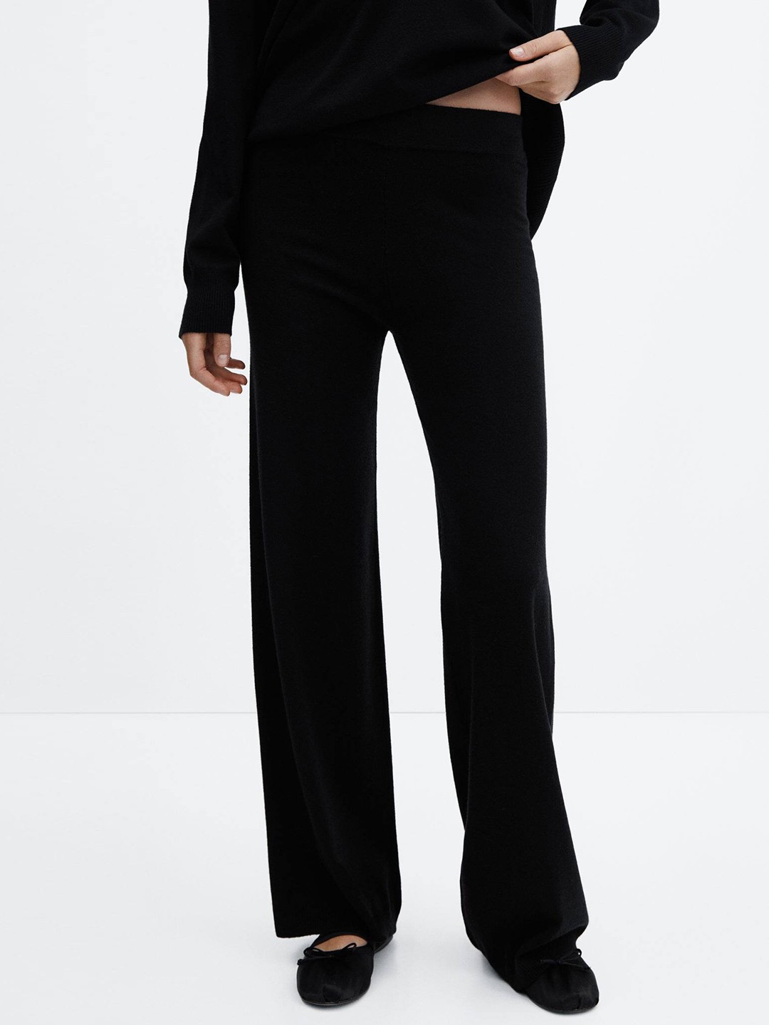 

MANGO Women Wide Leg Knit Trousers, Black