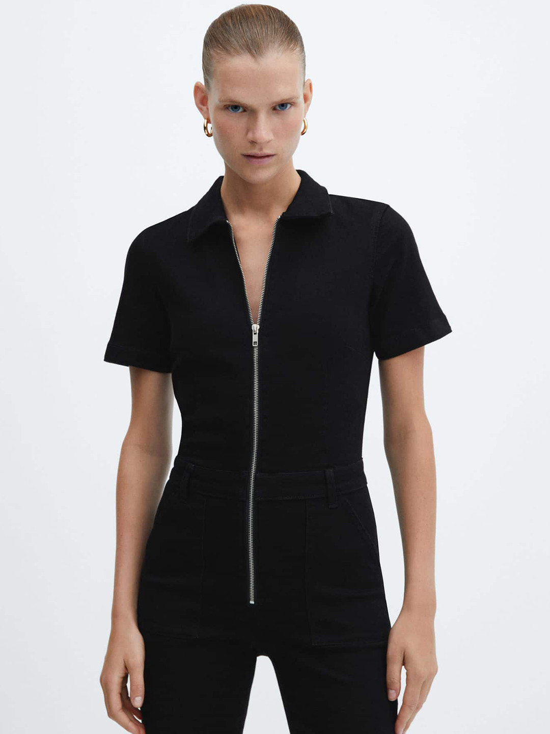 

MANGO Denim Zipper Jumpsuit, Black