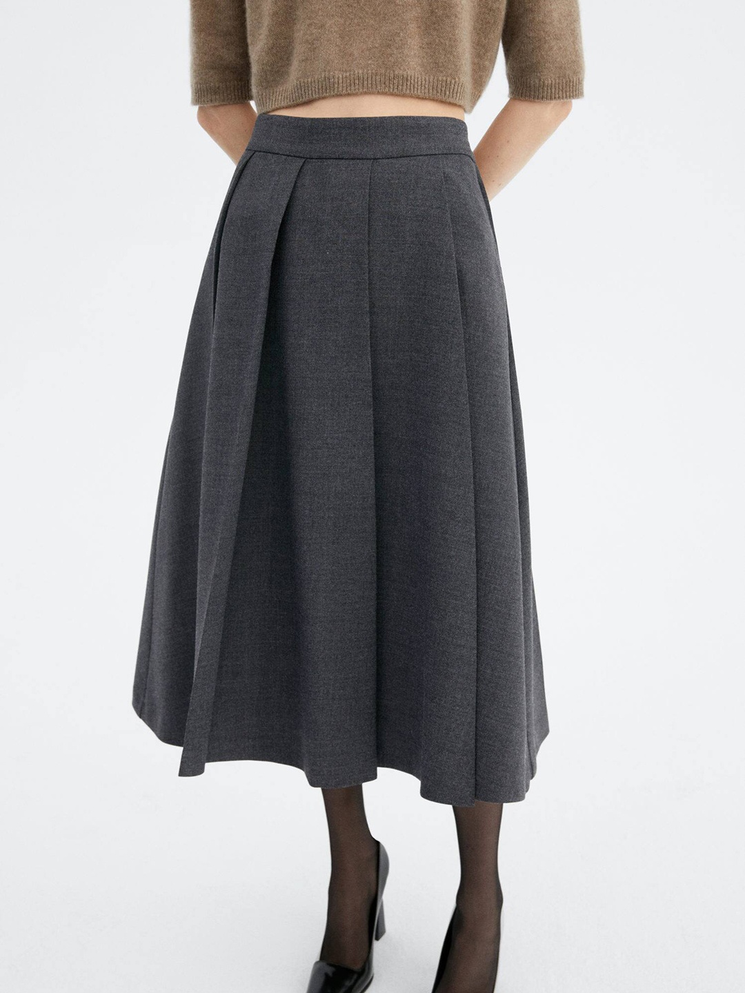 

MANGO Pleated A-Line Tulle Midi Skirt, Grey