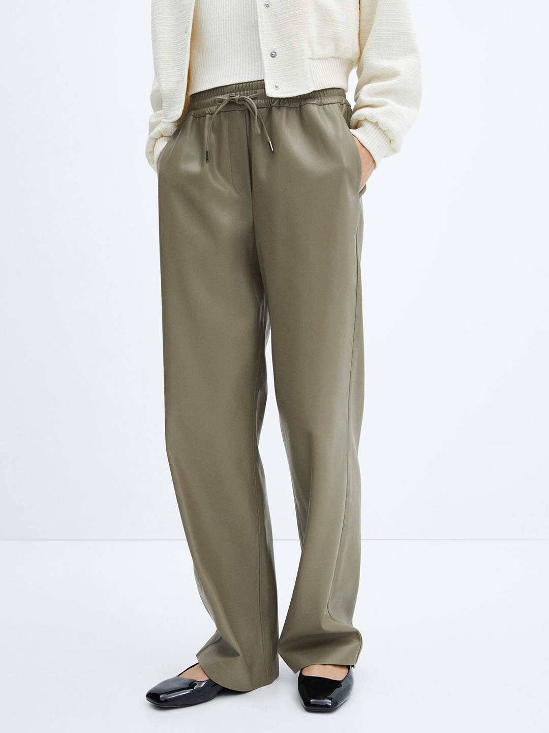 

MANGO Women Faux Leather Trousers, Olive