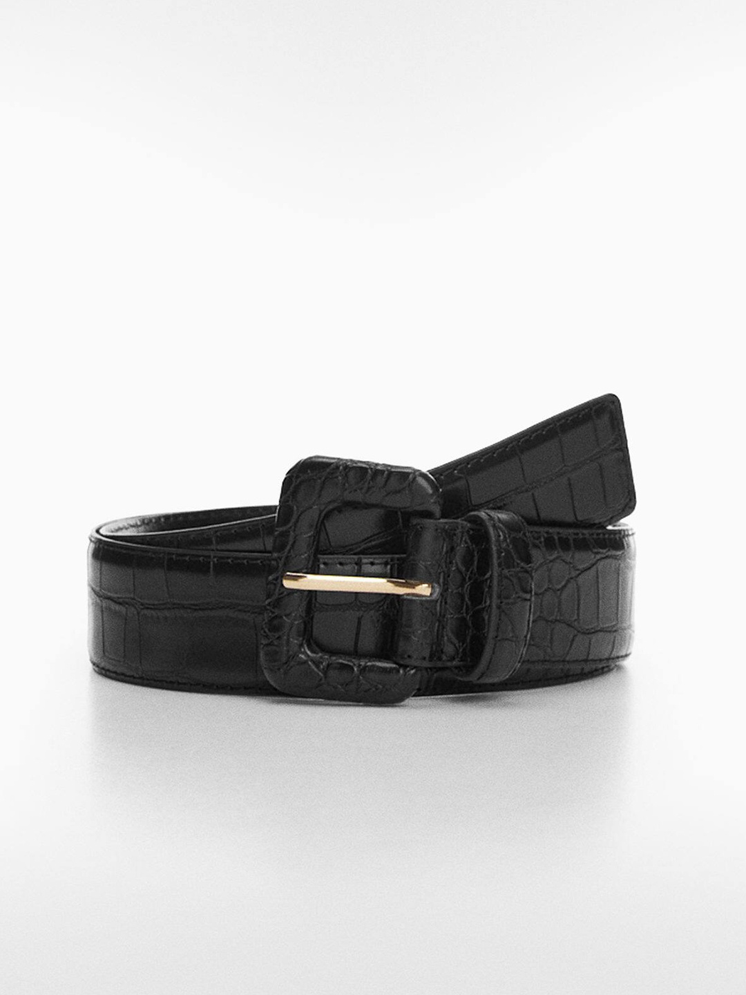 MANGO Women Croc Textured Belt, Black