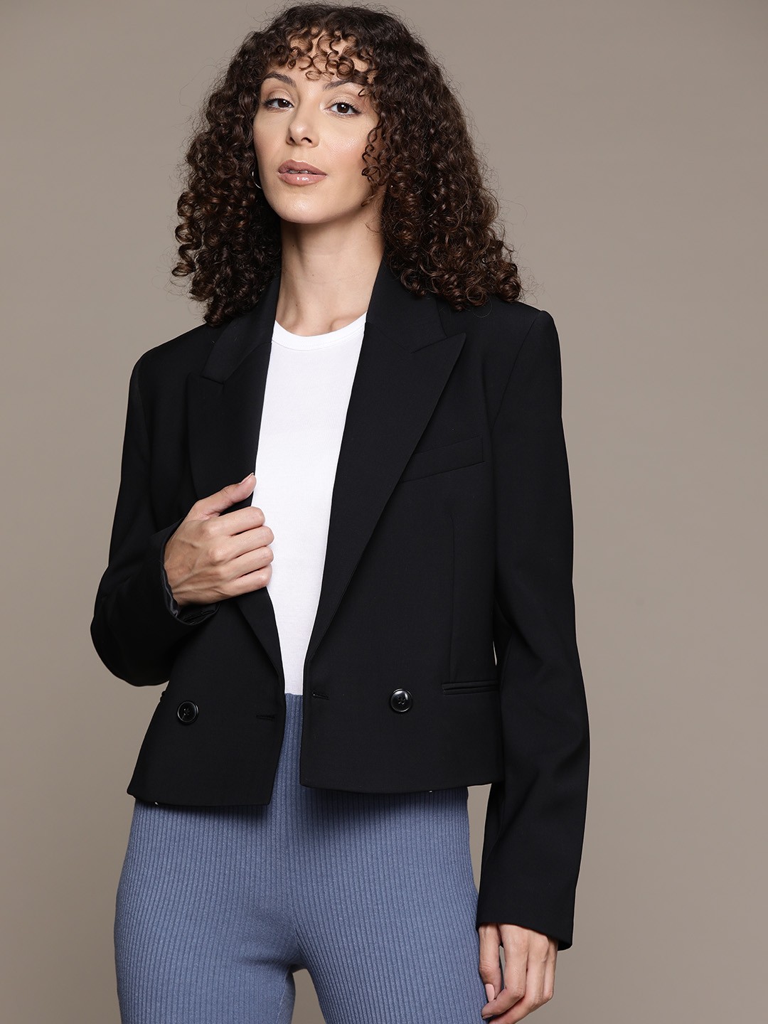 

MANGO Double-Breasted Peaked Lapel Blazer, Black