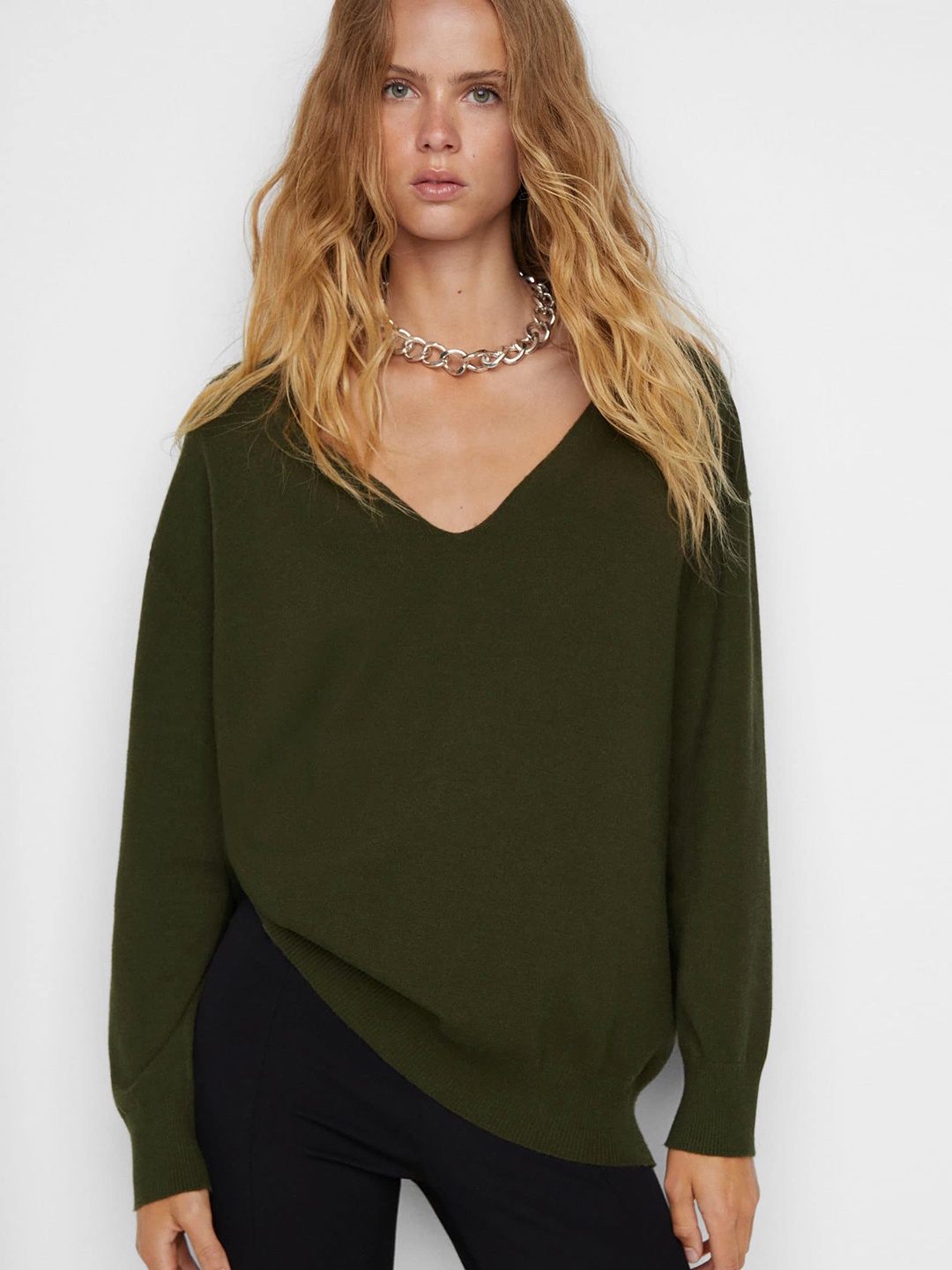 

MANGO Women Solid Pullover, Olive