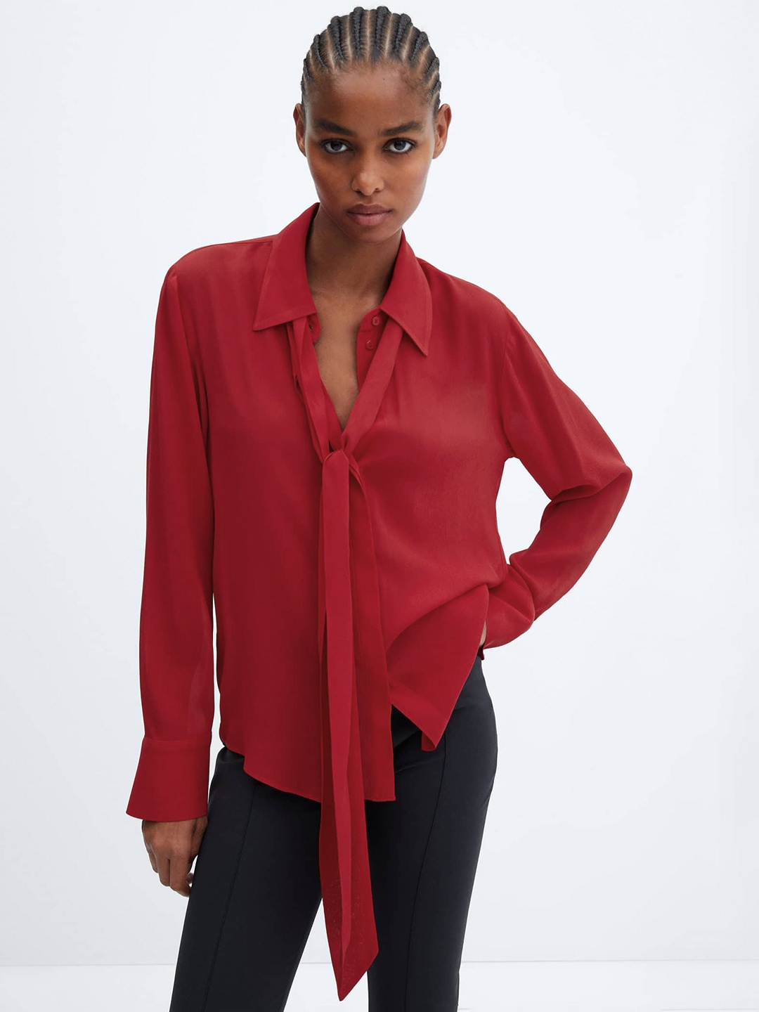 

MANGO Detachable Tie-Up Neck Shirt, Red