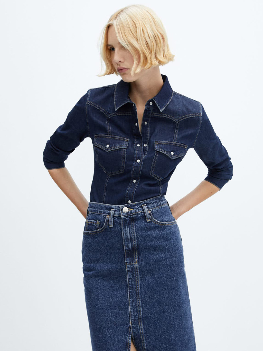 

MANGO Women Tailored Fit Pocket Detailing Denim Casual Shirt, Navy blue