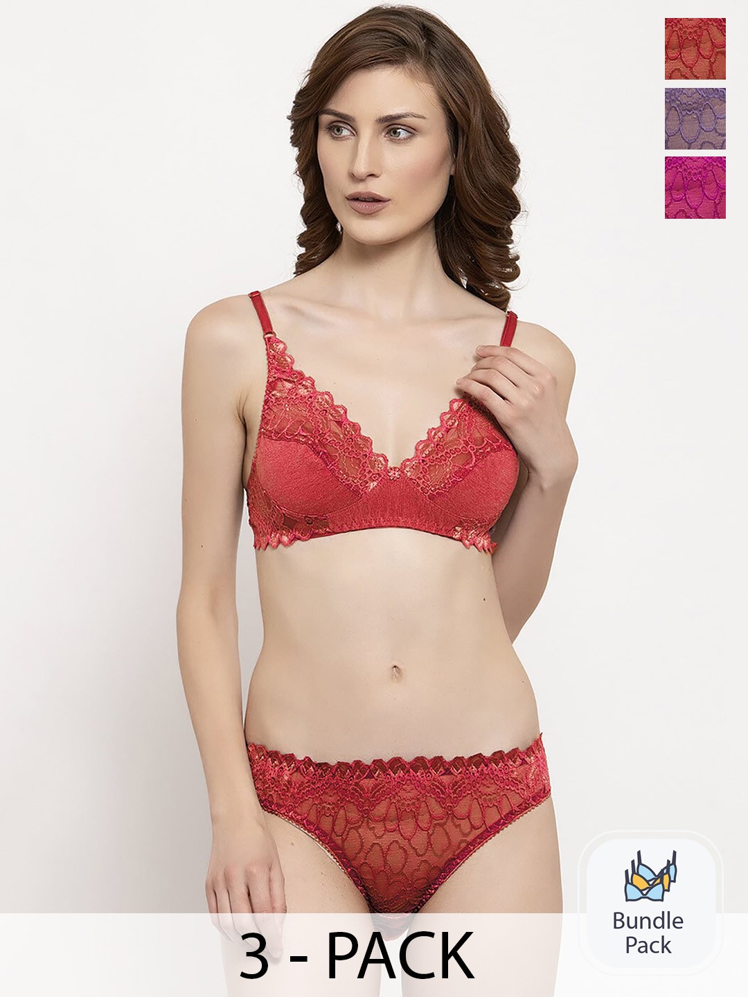 

Aamarsh Pack Of 3 Printed Lingerie Set, Red