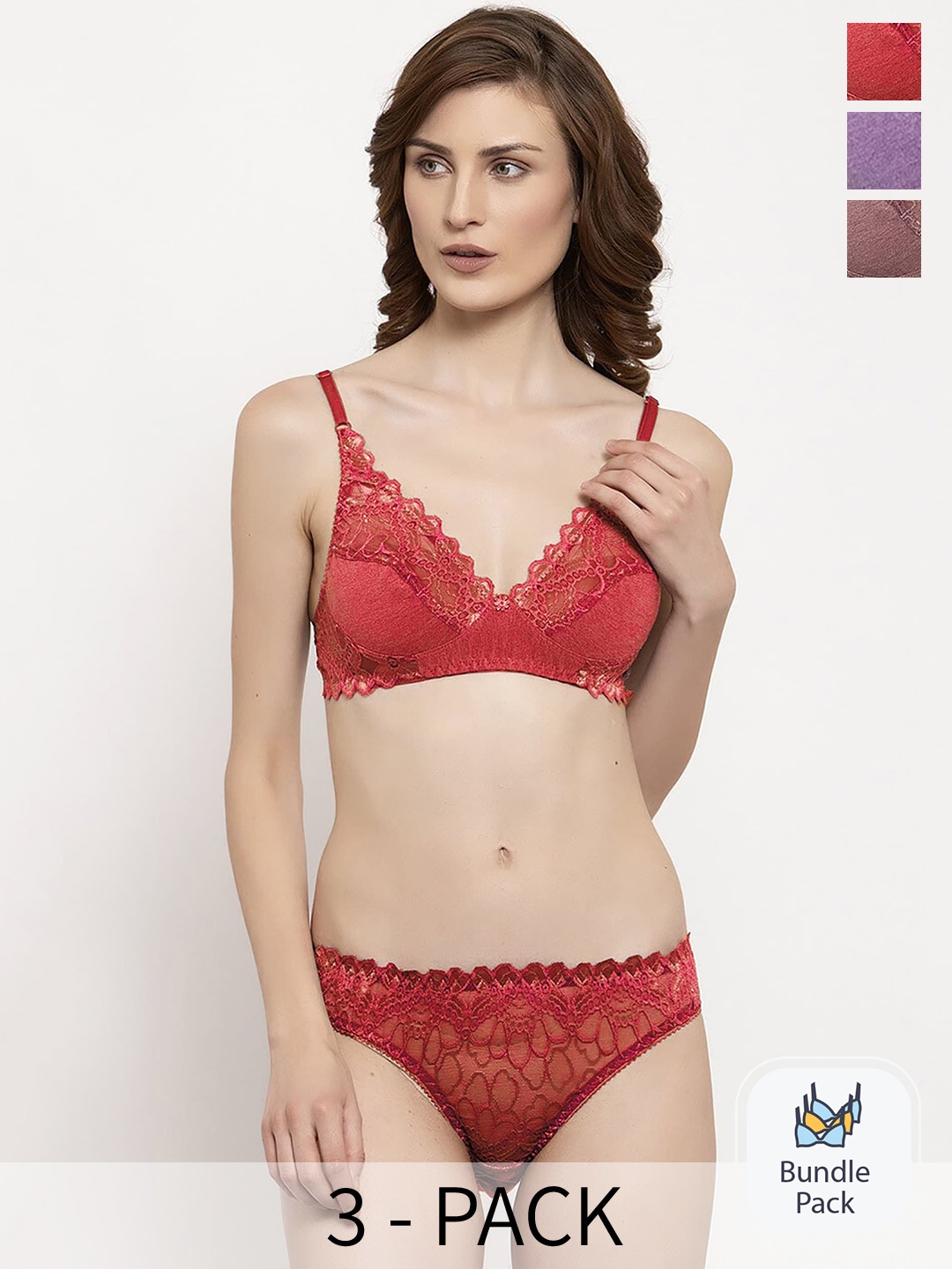 

Aamarsh Pack Of 3 Self Design Lingerie Set, Red