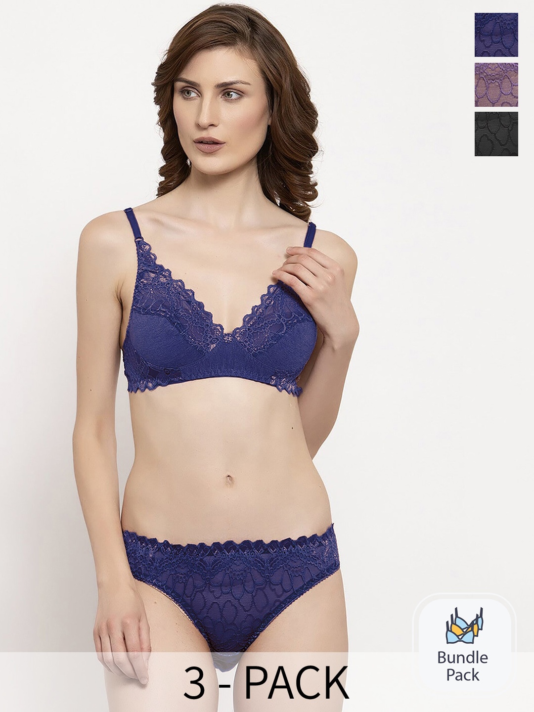 

Aamarsh Pack Of 3 Laced Lingerie Set, Blue