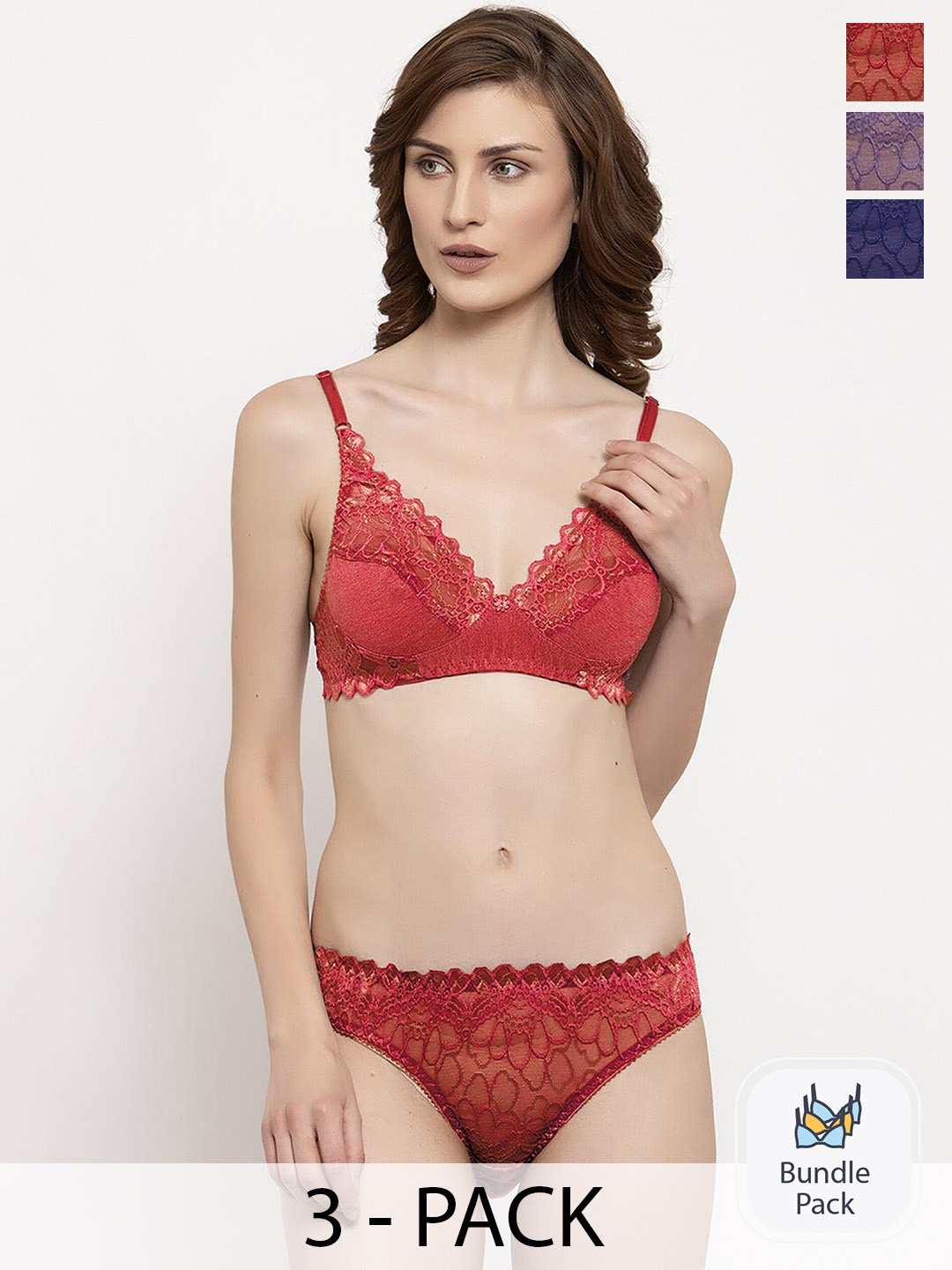 

Aamarsh Pack Of 3 Self Design Lingerie Set, Red