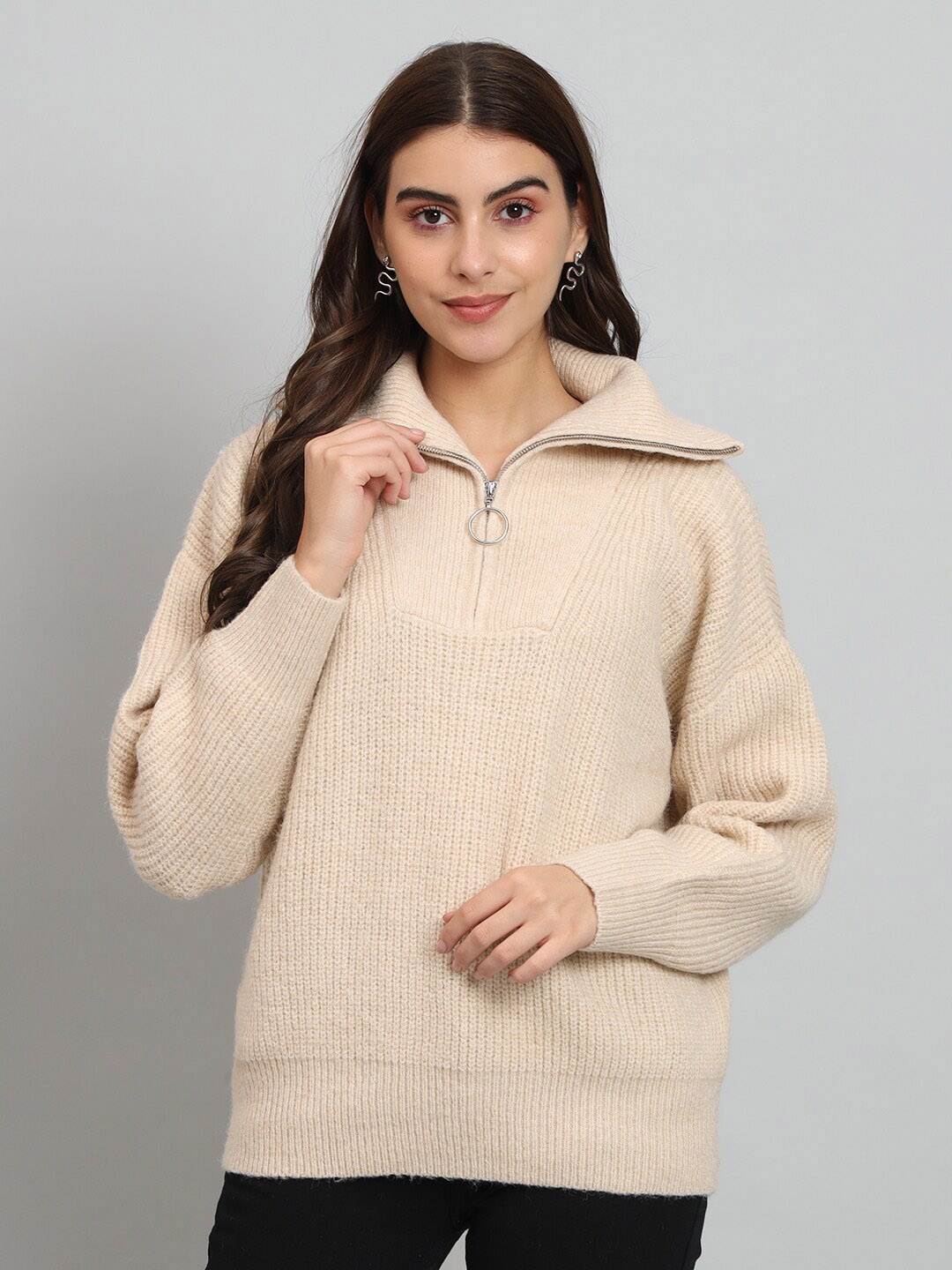 

BROOWL Ribbed Mock Collar Woollen Pullover, Cream