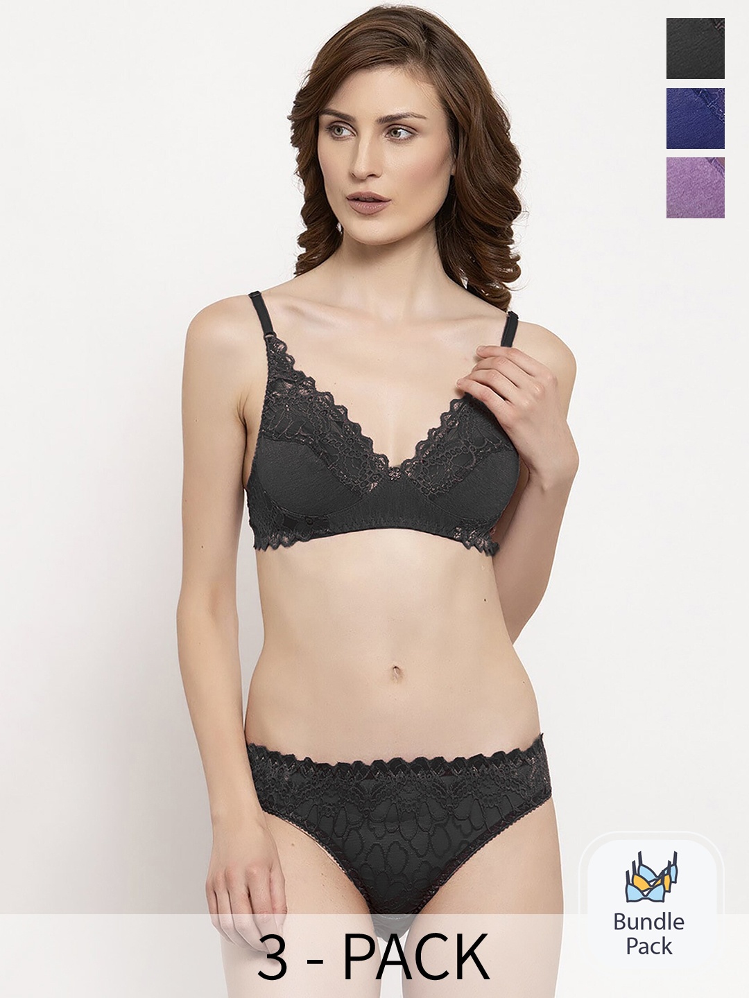 

PIBU Pack Of 3 Self Design Lingerie Set, Blue