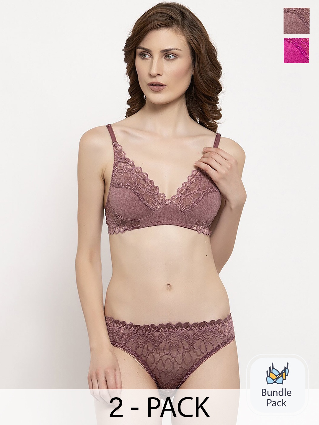 

PIBU Pack Of 2 Self Design Non Padded Lingerie Sets, Maroon