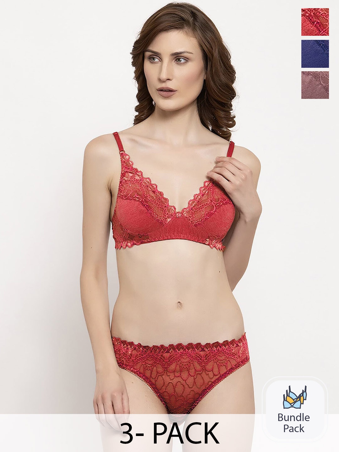 

PIBU Pack Of 3 Self Design Lingerie Set, Red