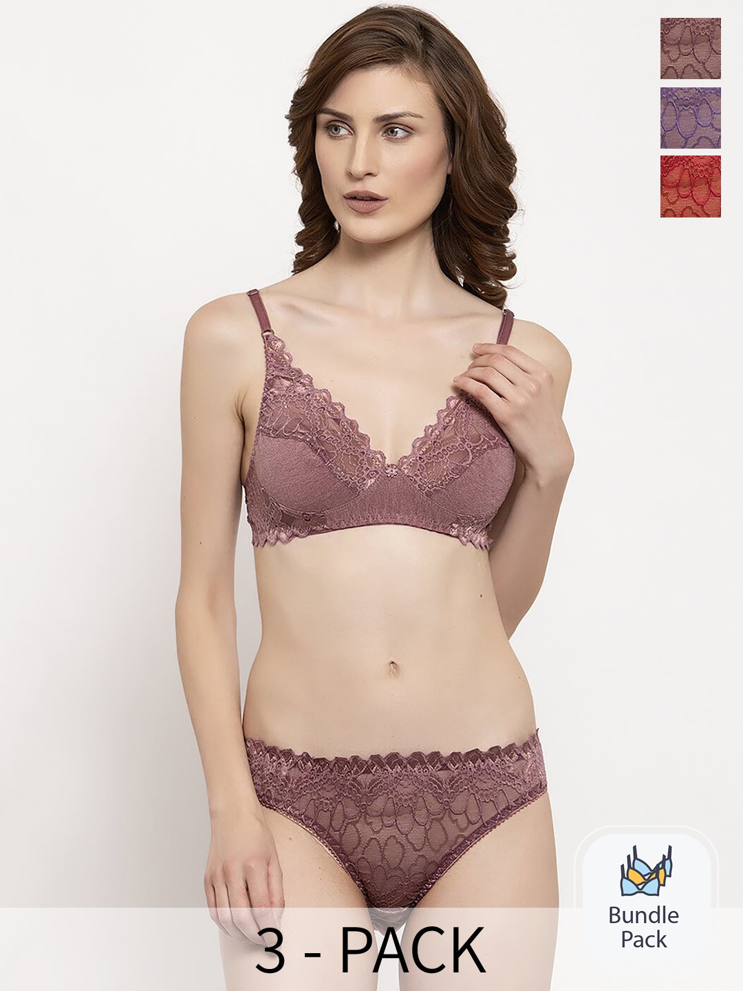 

PIBU Pack Of 3 Self Design Lingerie Set, Pink