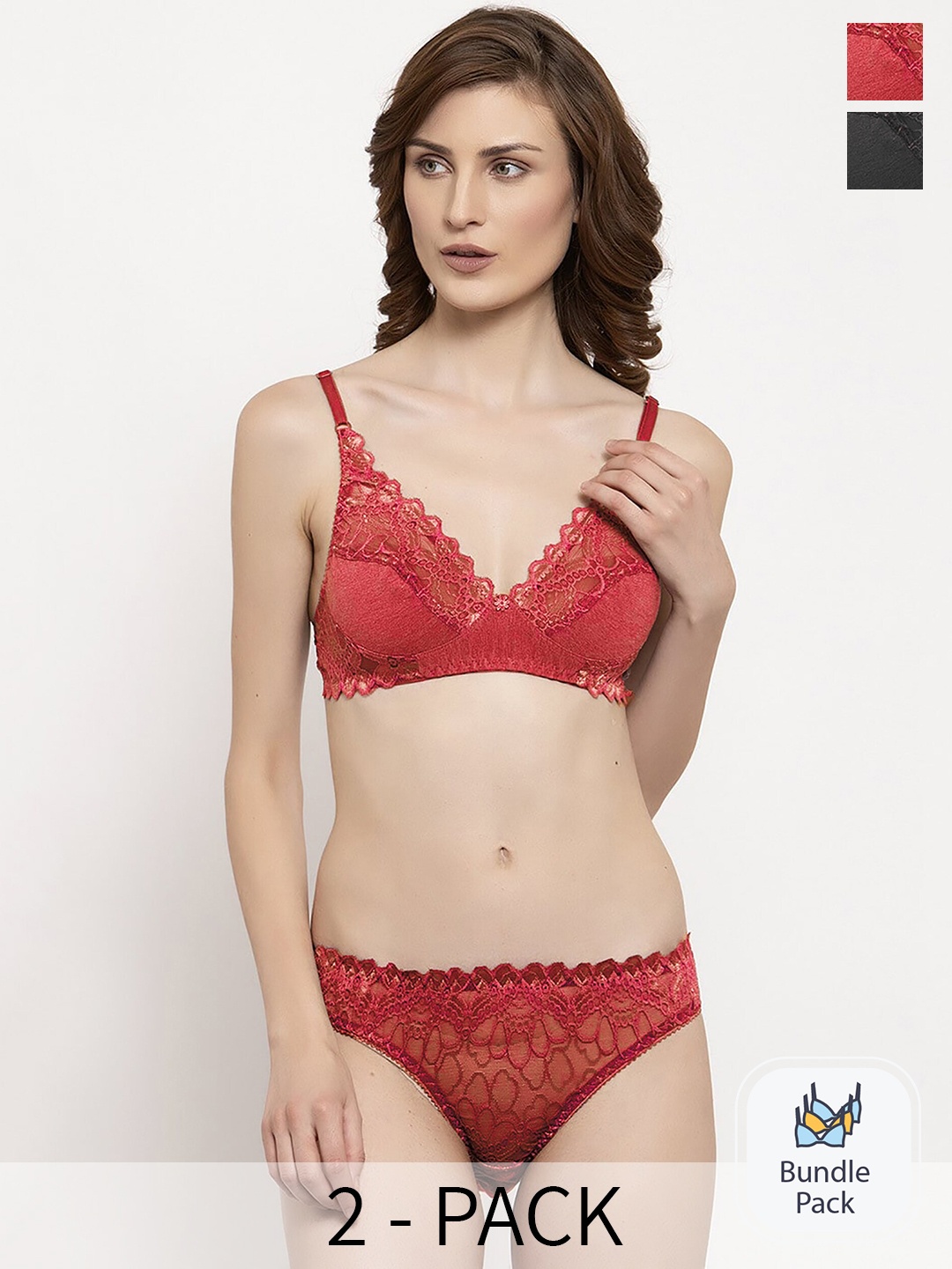 

PIBU Pack Of 2 Self Design Lingerie Set, Red