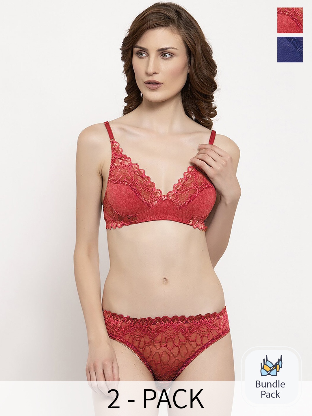 

PIBU Pack Of 2 Self Design Lingerie Set, Red