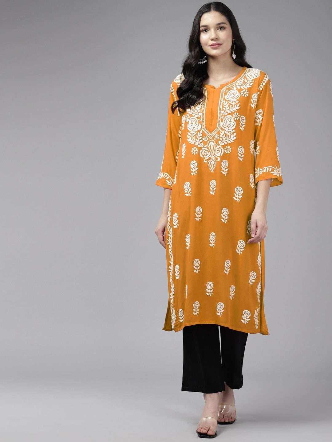 

ADA Ethnic Motifs Embroidered Lucknowi Chikankari Kurta, Mustard