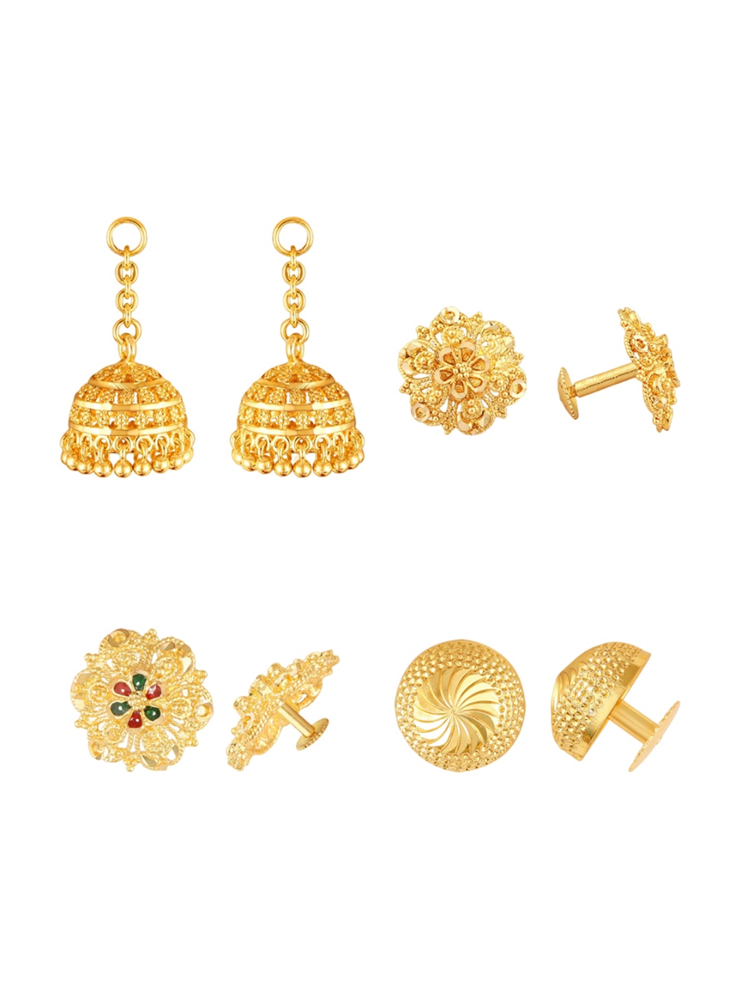 Vighnaharta Set Of 4 Gold-Plated Floral Studs Earrings And Removable Jhumki
