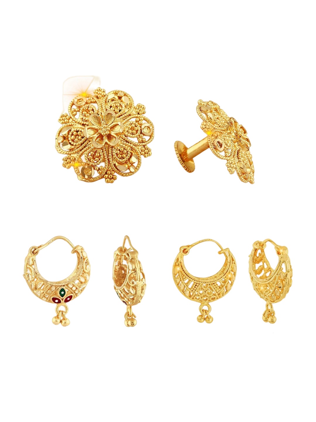 Vighnaharta Set Of 3 Gold-Plated Floral Studs & Hoop Earrings