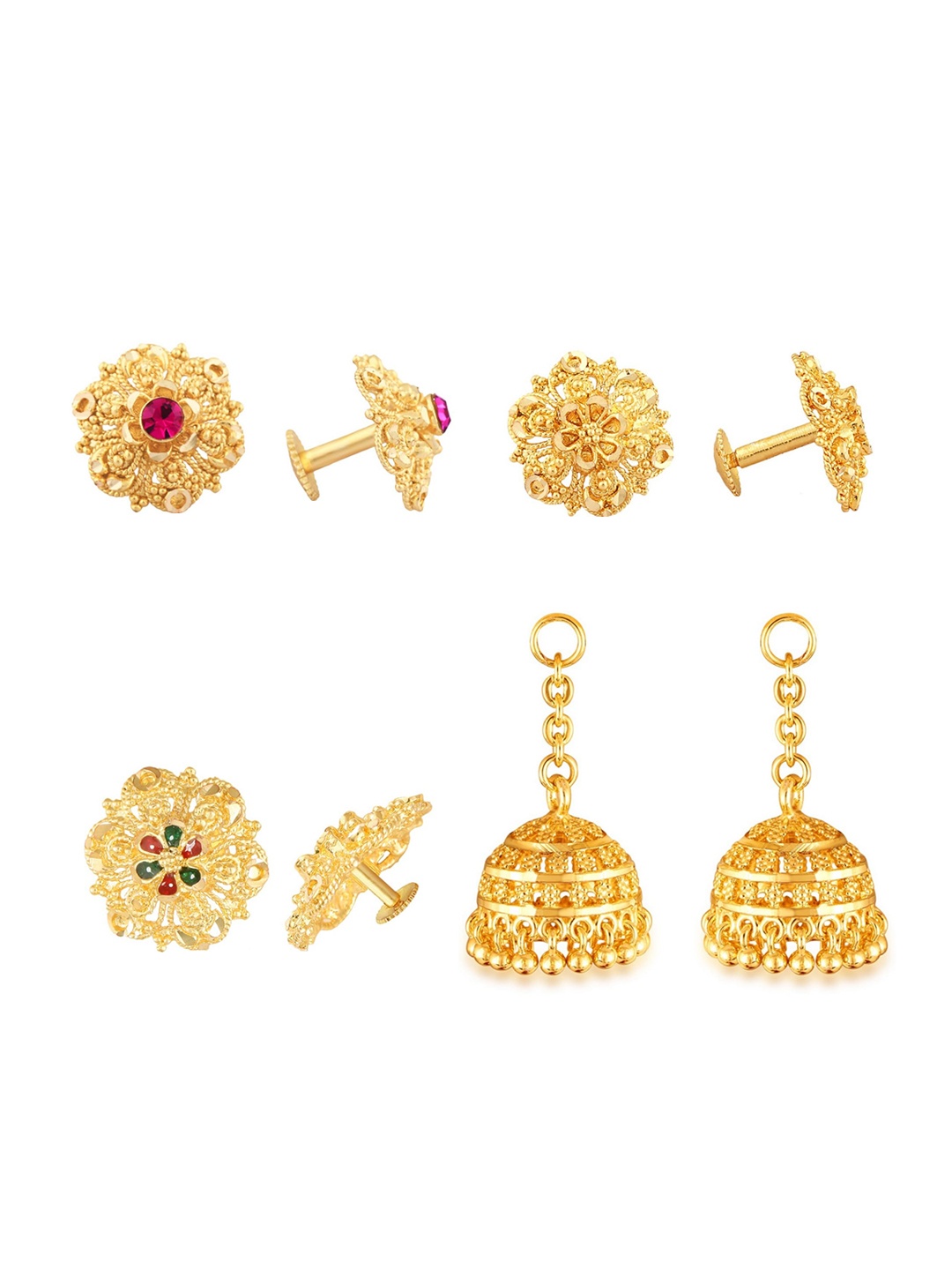 

Vighnaharta Set of 3 Gold Plated Floral Stud Earrings With Removable Jhumkas
