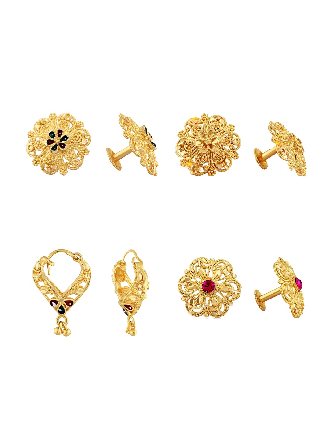 

Vighnaharta Set Of 4 Gold Plated Floral Studs & Hoop Earrings