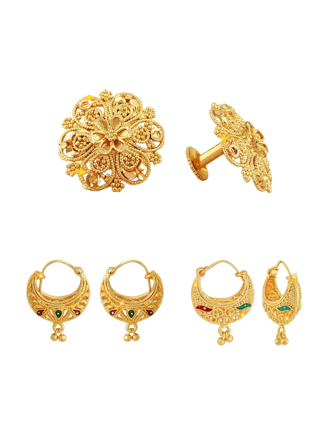 

Vighnaharta Set Of 3 Floral Hoop Earrings, Gold