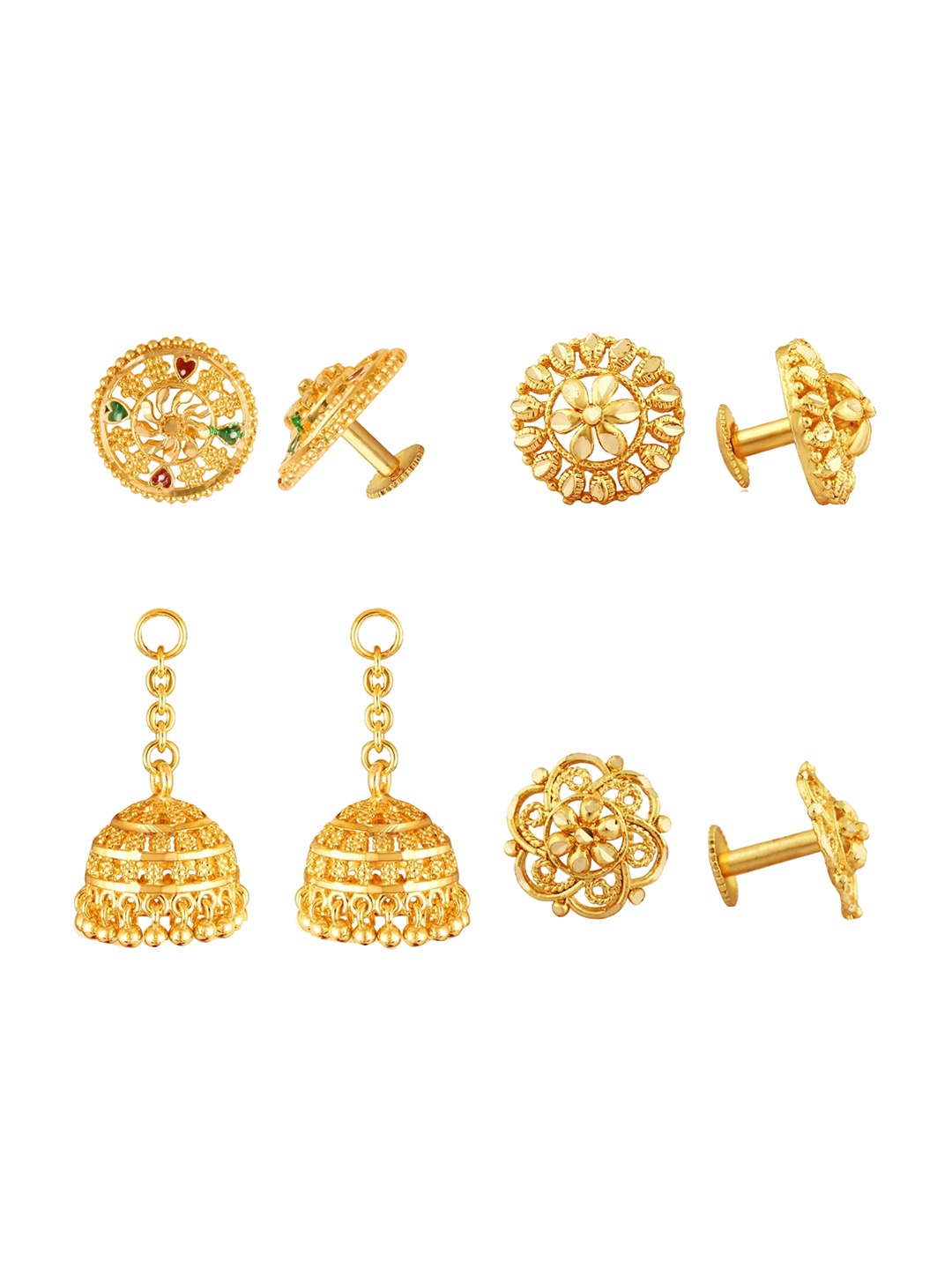 

Vighnaharta Set of 3 Gold Plated Floral Stud Earrings With Removable Jhumkas