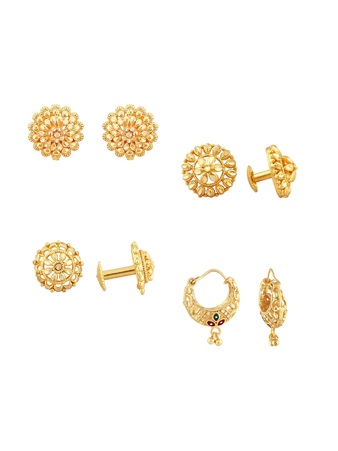 

Vighnaharta Set of 4 Gold Plated Floral Stud & Hoop Earrings