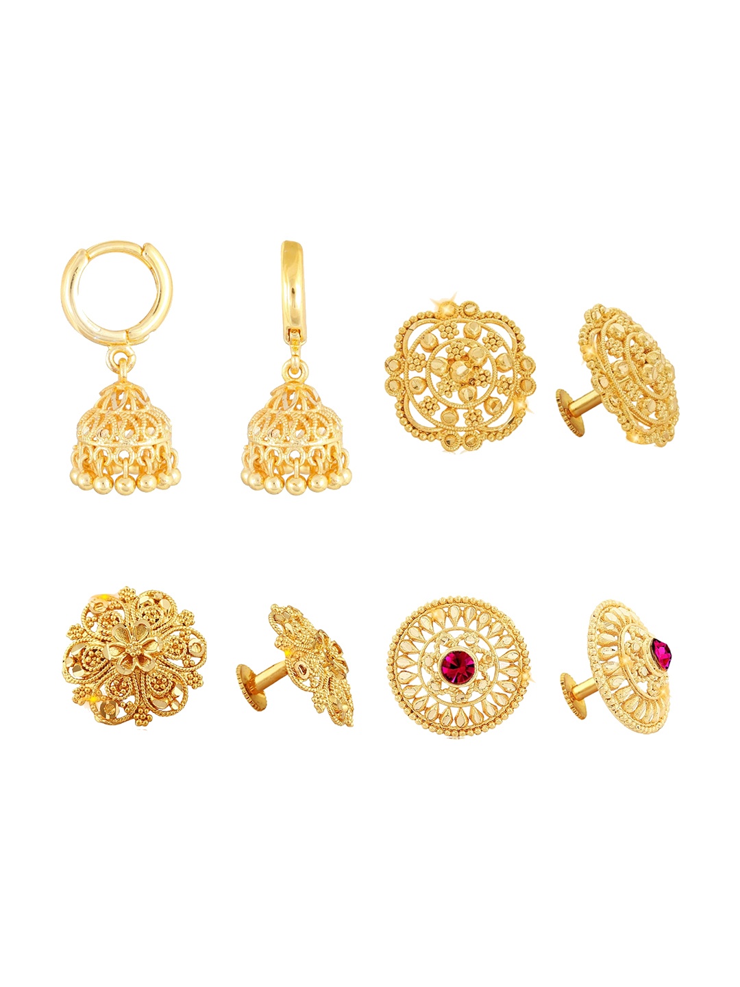 

Vighnaharta Set Of 4 Gold Plated Floral Studs & Hoop Earrings