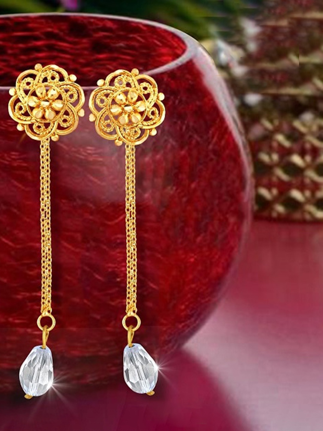 Vighnaharta Gold Plated Floral Studs Earrings With Removable Chain Drop