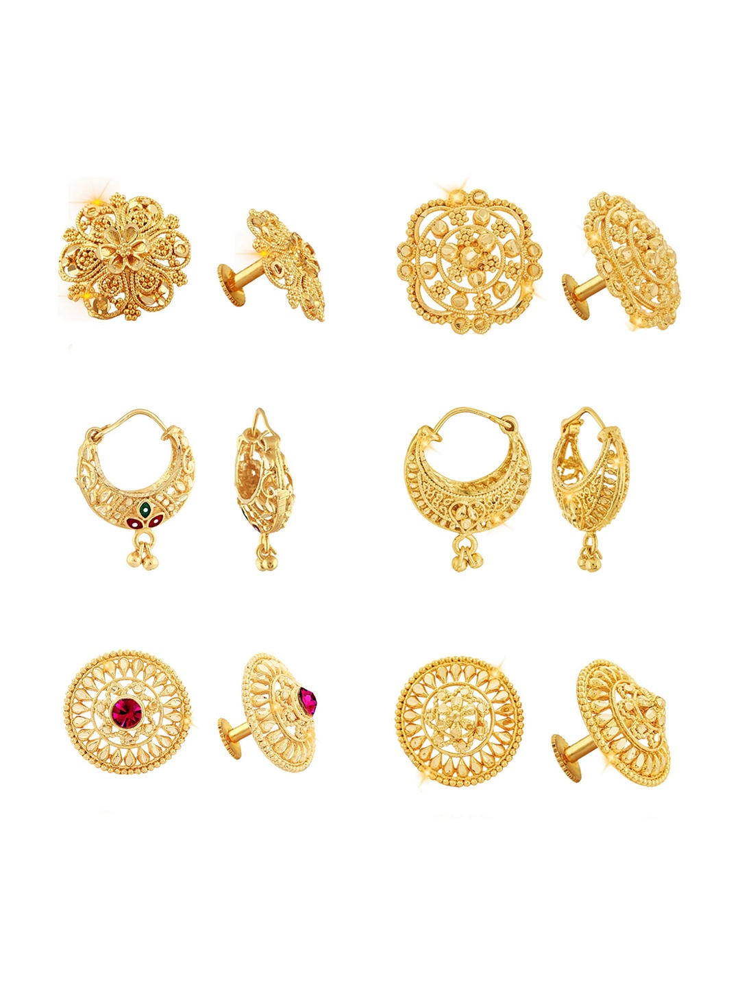 

Vighnaharta Set Of 6 Gold Plated Floral Studs & Hoop Earrings