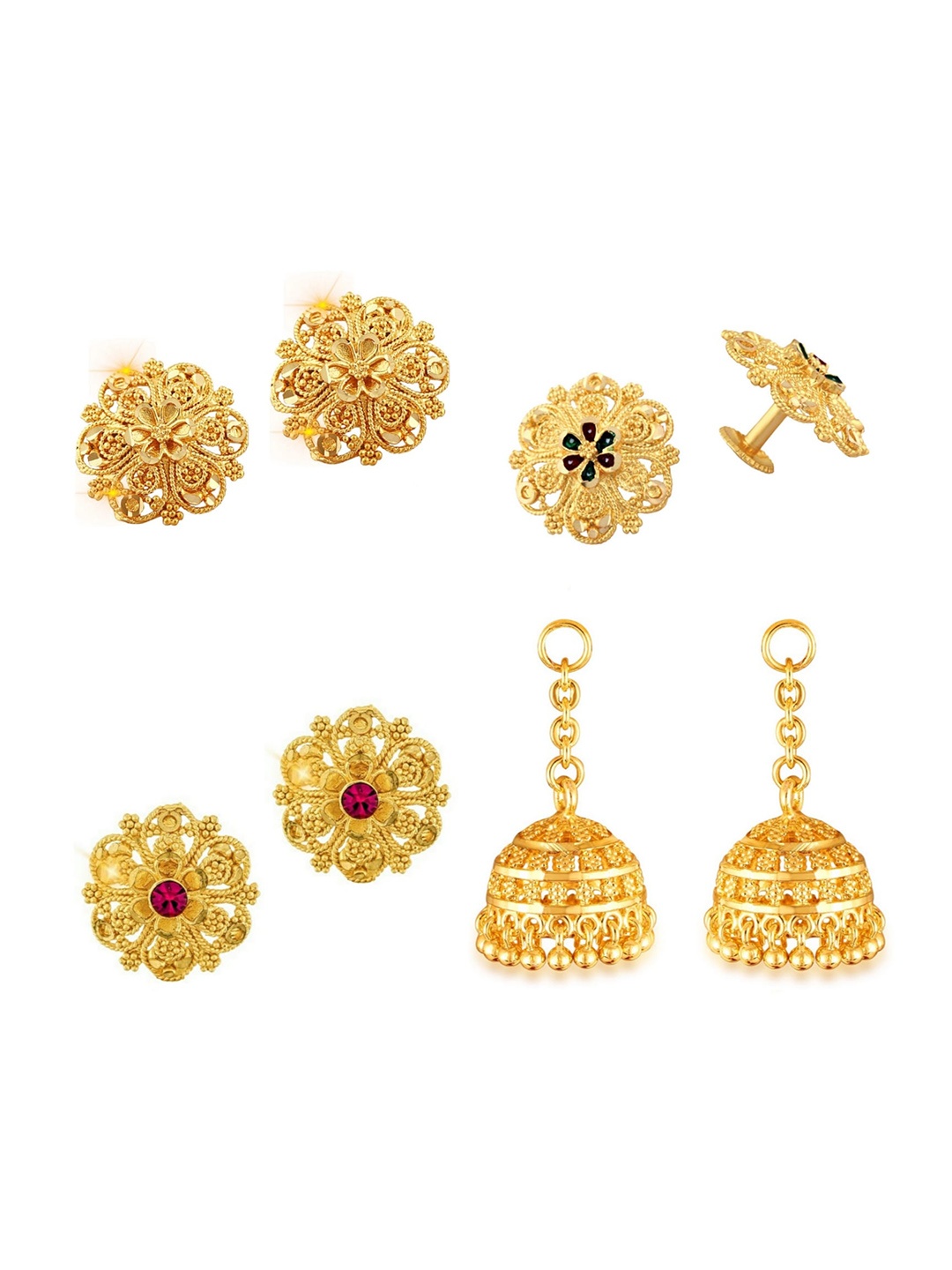 

Vighnaharta Set Of 4 Gold Plated Stone Studded Floral Studs Earrings