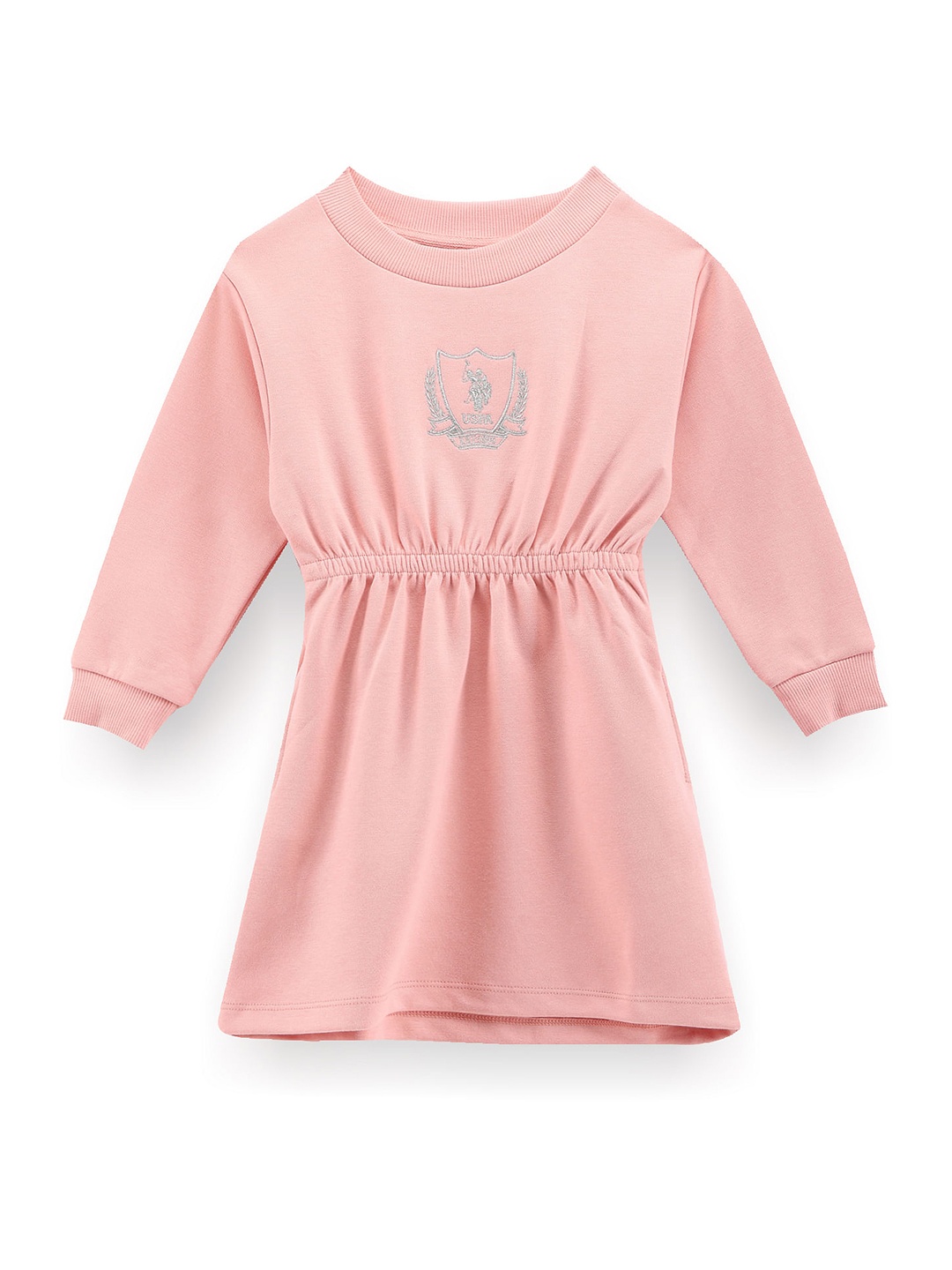 

U.S. Polo Assn. Kids Girls Brand Logo Round Neck Long Sleeve Cotton Fit & Flare Dress, Pink