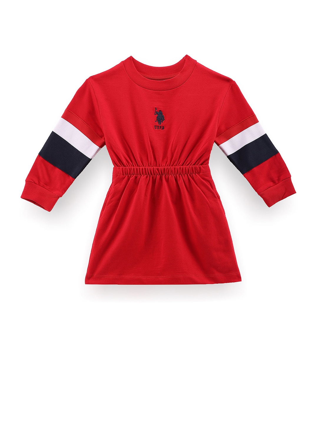 

U.S. Polo Assn. Kids Girls Colourblocked Round Neck Long Sleeve Fit and Flare Cotton Dress, Red