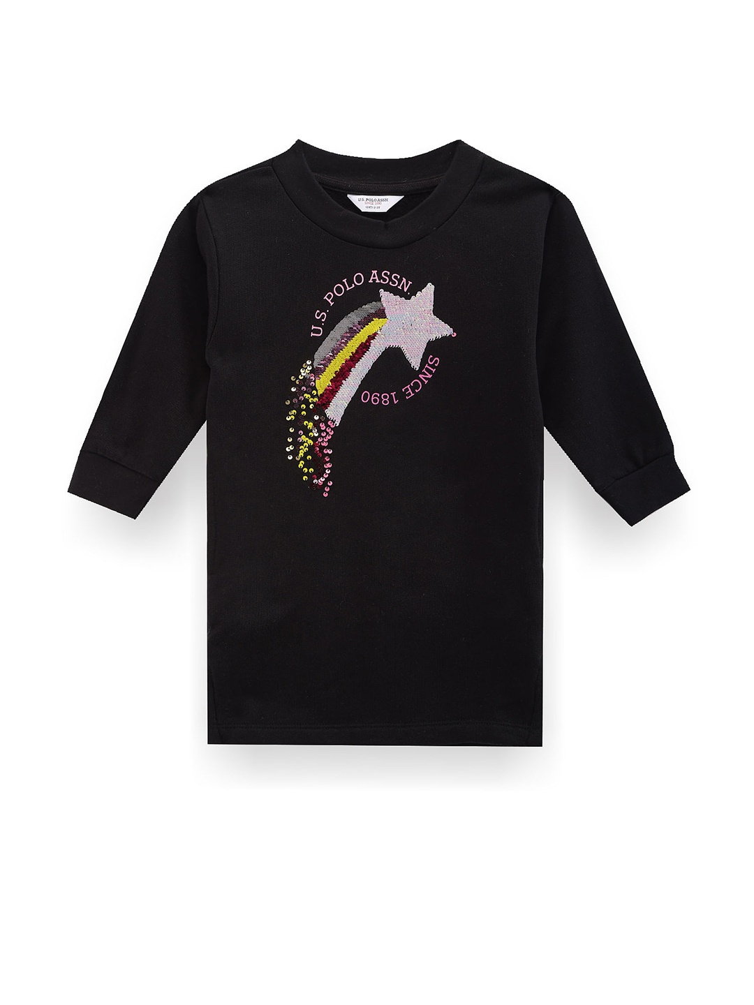 

U.S. Polo Assn. Kids Girls Graphic Printed Round Neck Cotton T-shirt Dress, Black