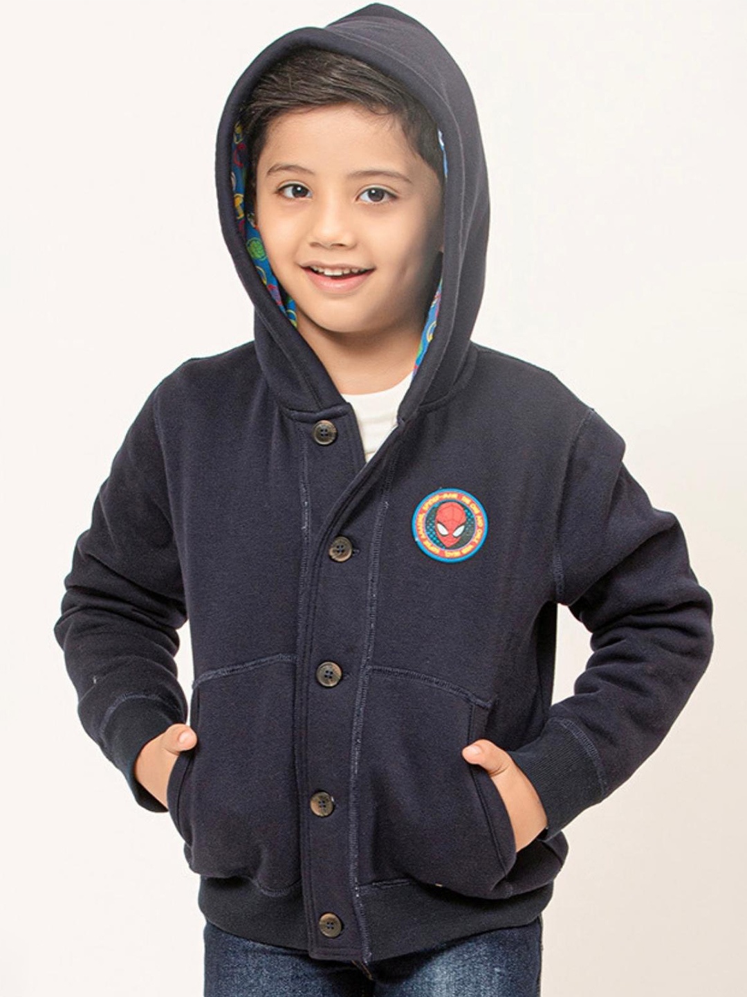 

One Friday Boys Spider-Man Applique Hooded Front-Open Sweatshirt, Navy blue