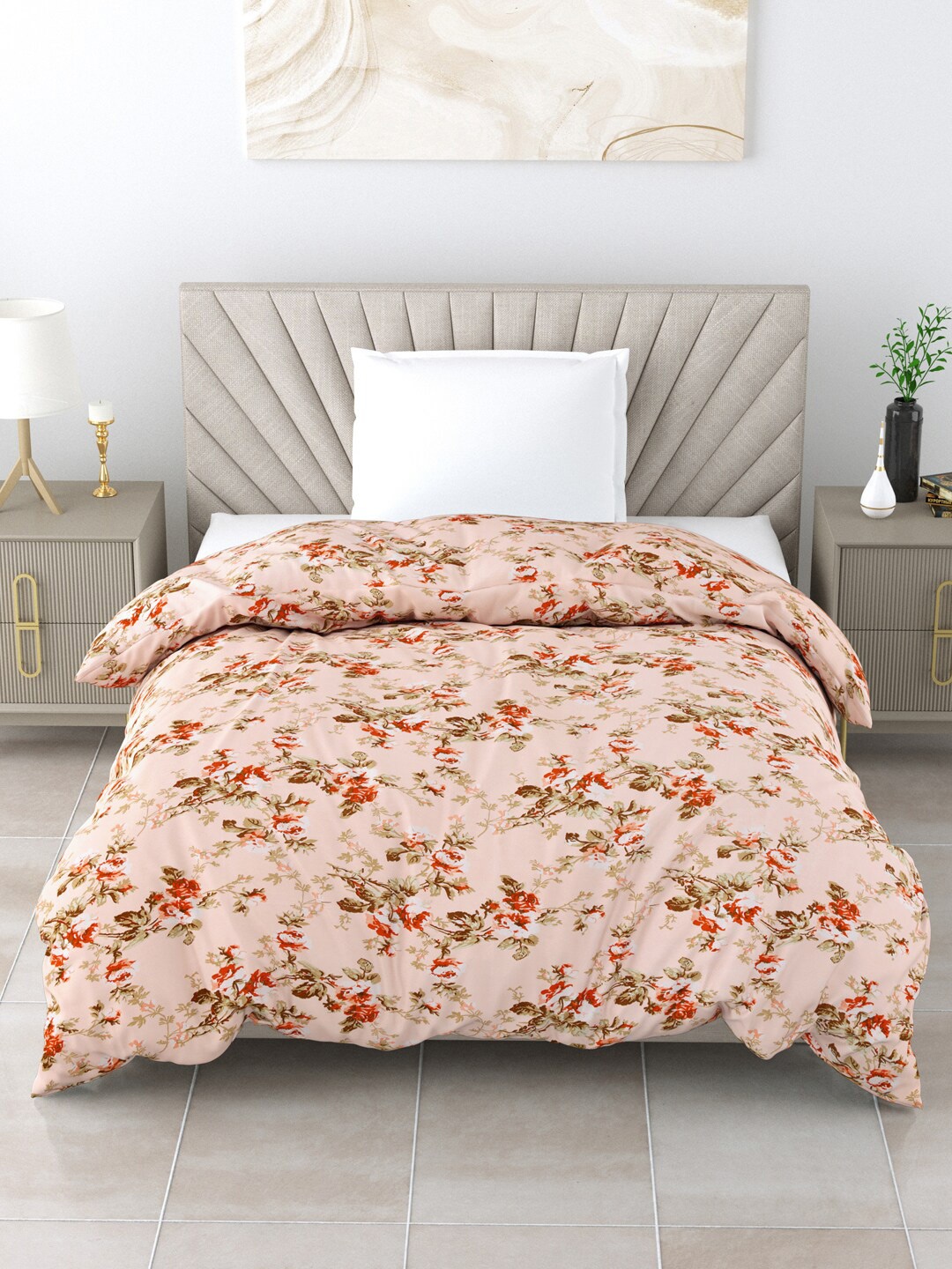 

Salona Bichona Peach-Coloured & Green Floral AC Room 150 GSM Single Bed Comforter