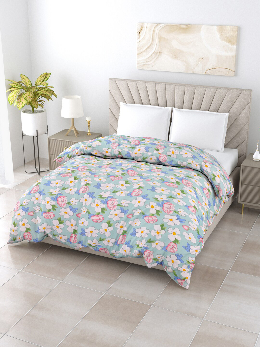 

Salona Bichona Turquoise Blue & Green Floral AC Room 150 GSM Double Bed Comforter
