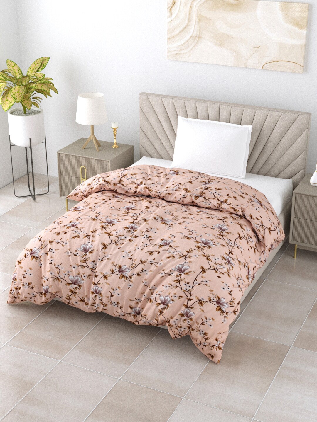 

Salona Bichona Peach & Brown Floral AC Room 150 GSM Single Bed Comforter