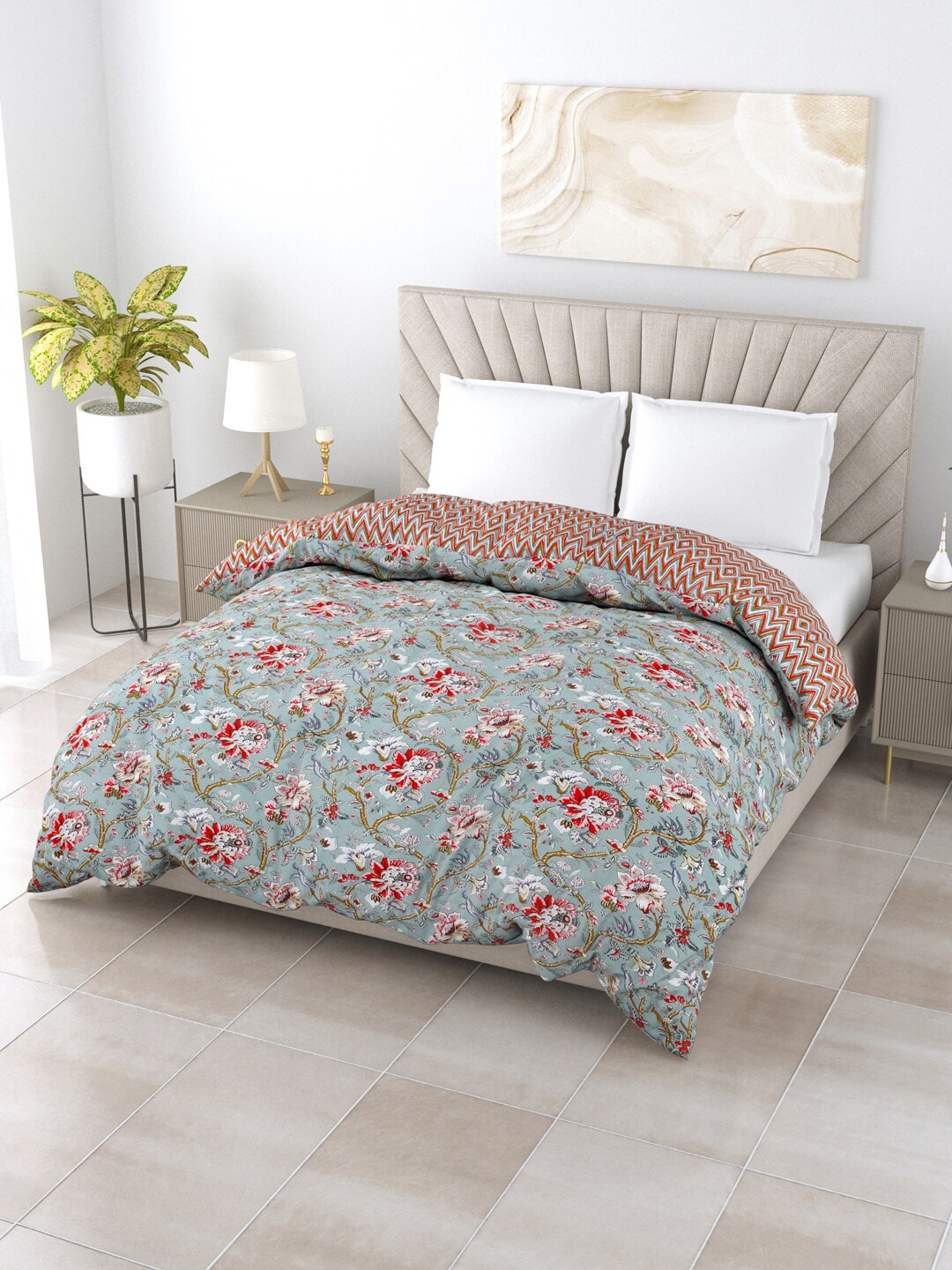 

Salona Bichona Turquoise Blue & Pink Floral AC Room 150 GSM Double Bed Comforter