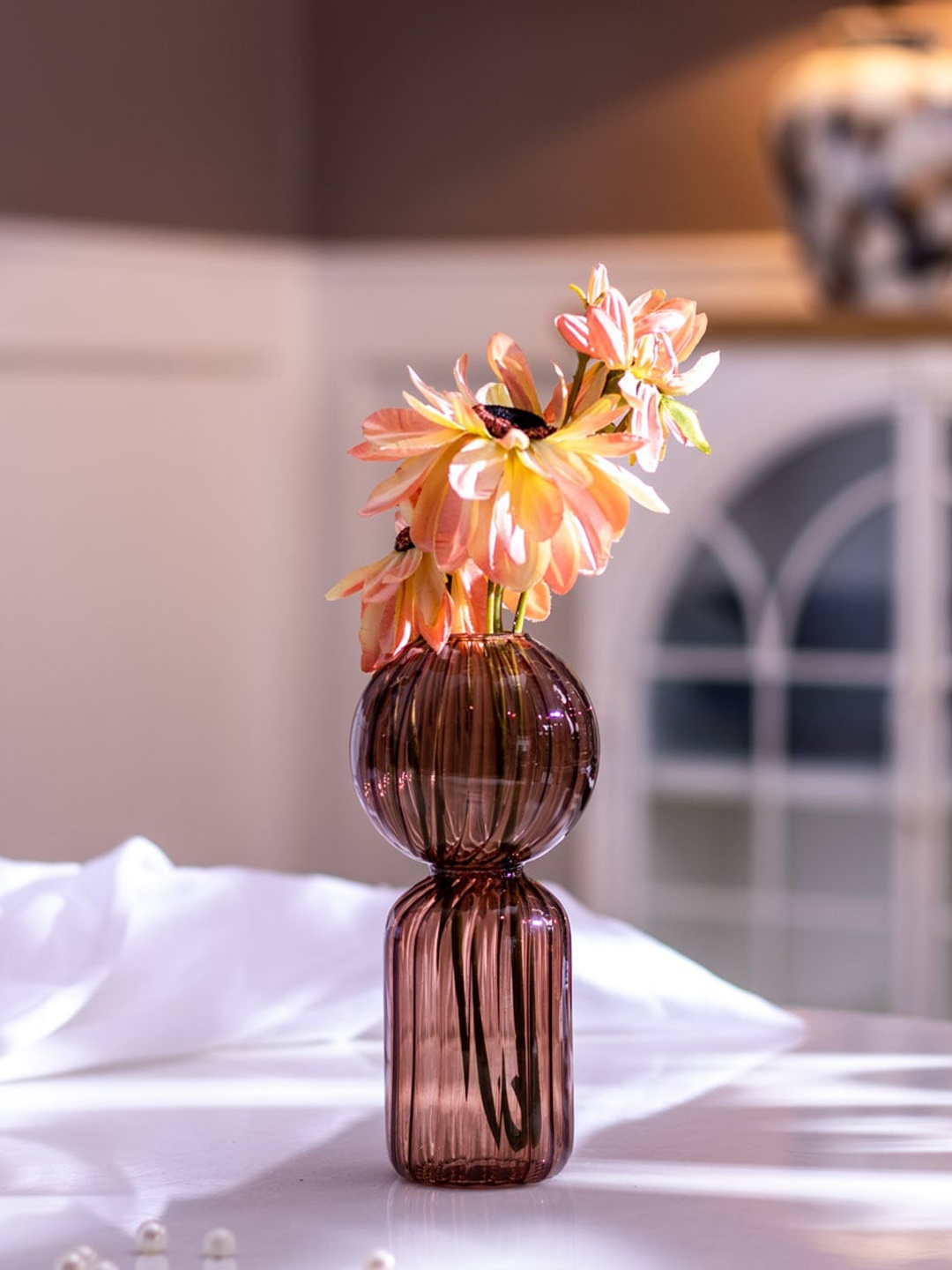 

THEDECORKART Glass Textured Flower Vase, Brown