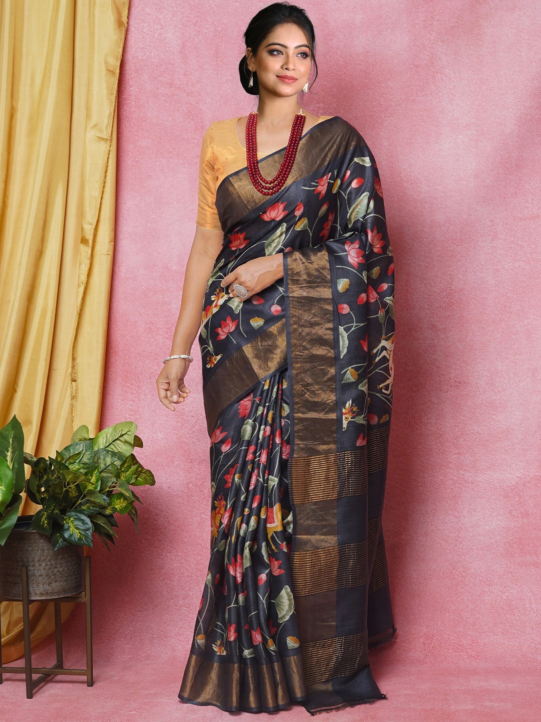 

Unnati Silks Floral Printed Zari Pure Silk Tussar Saree, Black