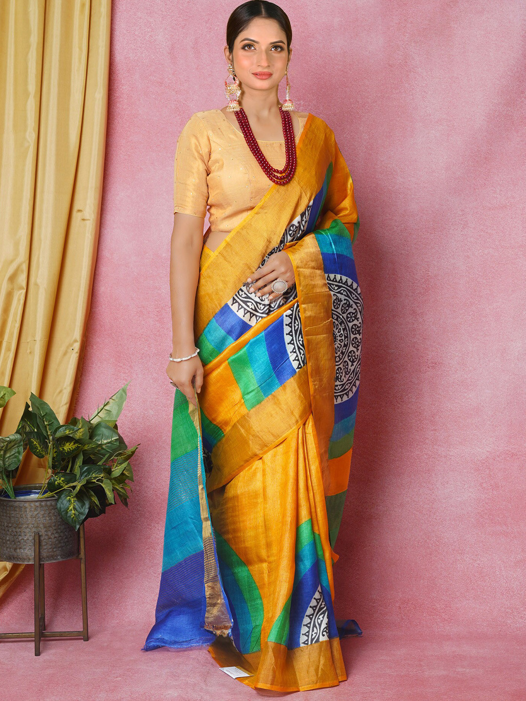 

Unnati Silks Ethnic Motifs Printed Zari Pure Silk Tussar Saree, Yellow