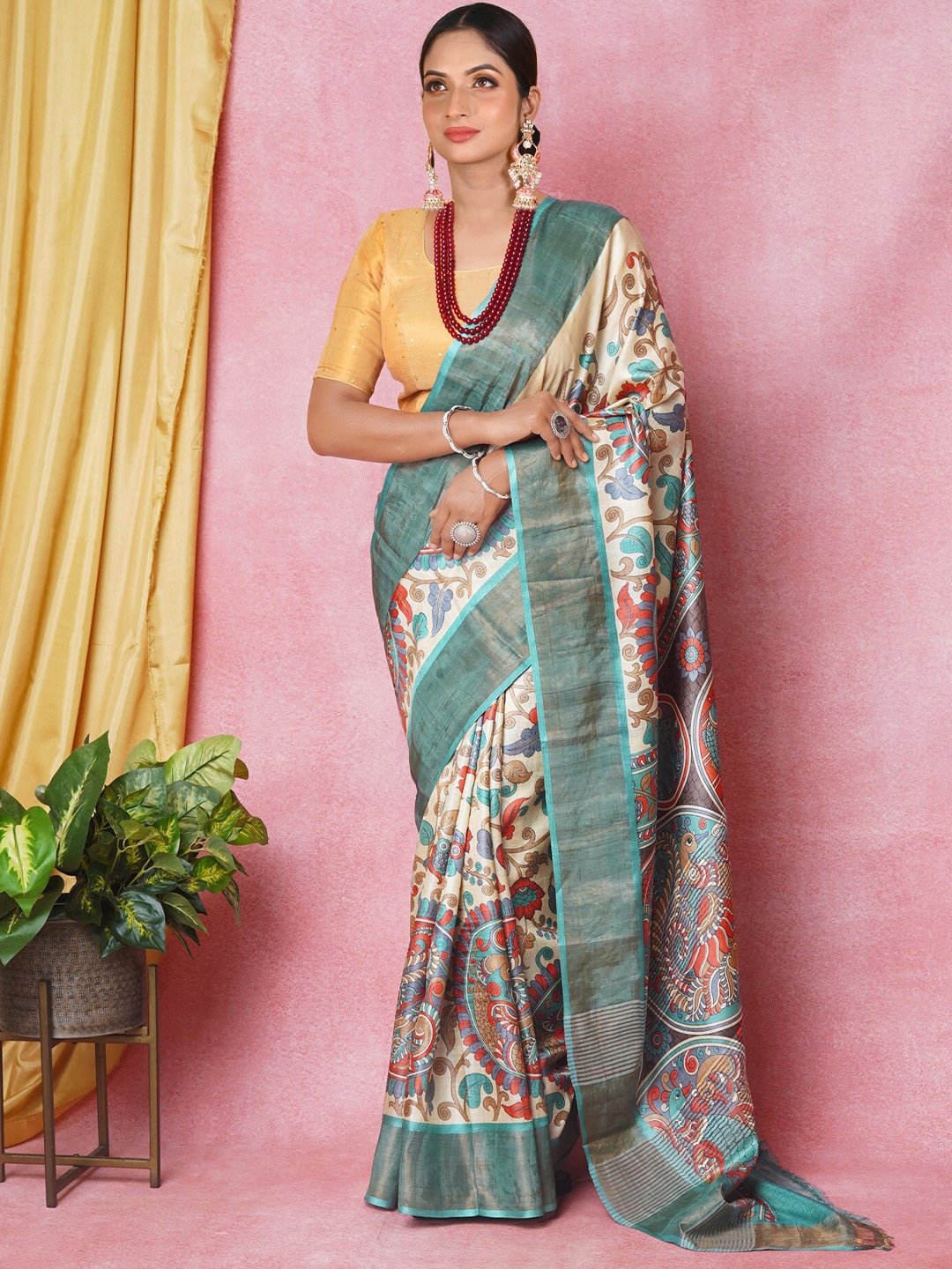 

Unnati Silks Ethnic Motifs Printed Zari Pure Silk Tussar Saree, Cream