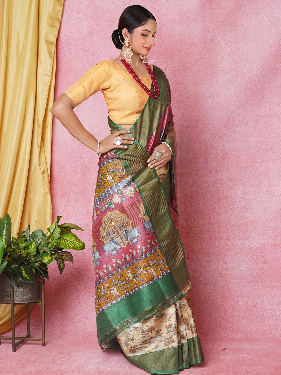 

Unnati Silks Ethnic Motifs Printed Zari Pure Silk Tussar Saree, Pink