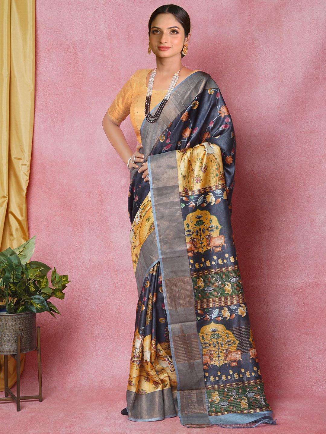 

Unnati Silks Ethnic Motifs Printed Zari Pure Silk Tussar Saree, Grey