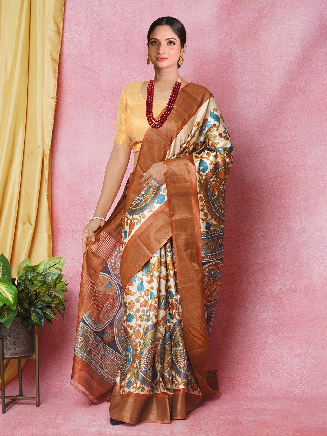 

Unnati Silks Ethnic Motifs Printed Zari Pure Silk Tussar Saree, Cream