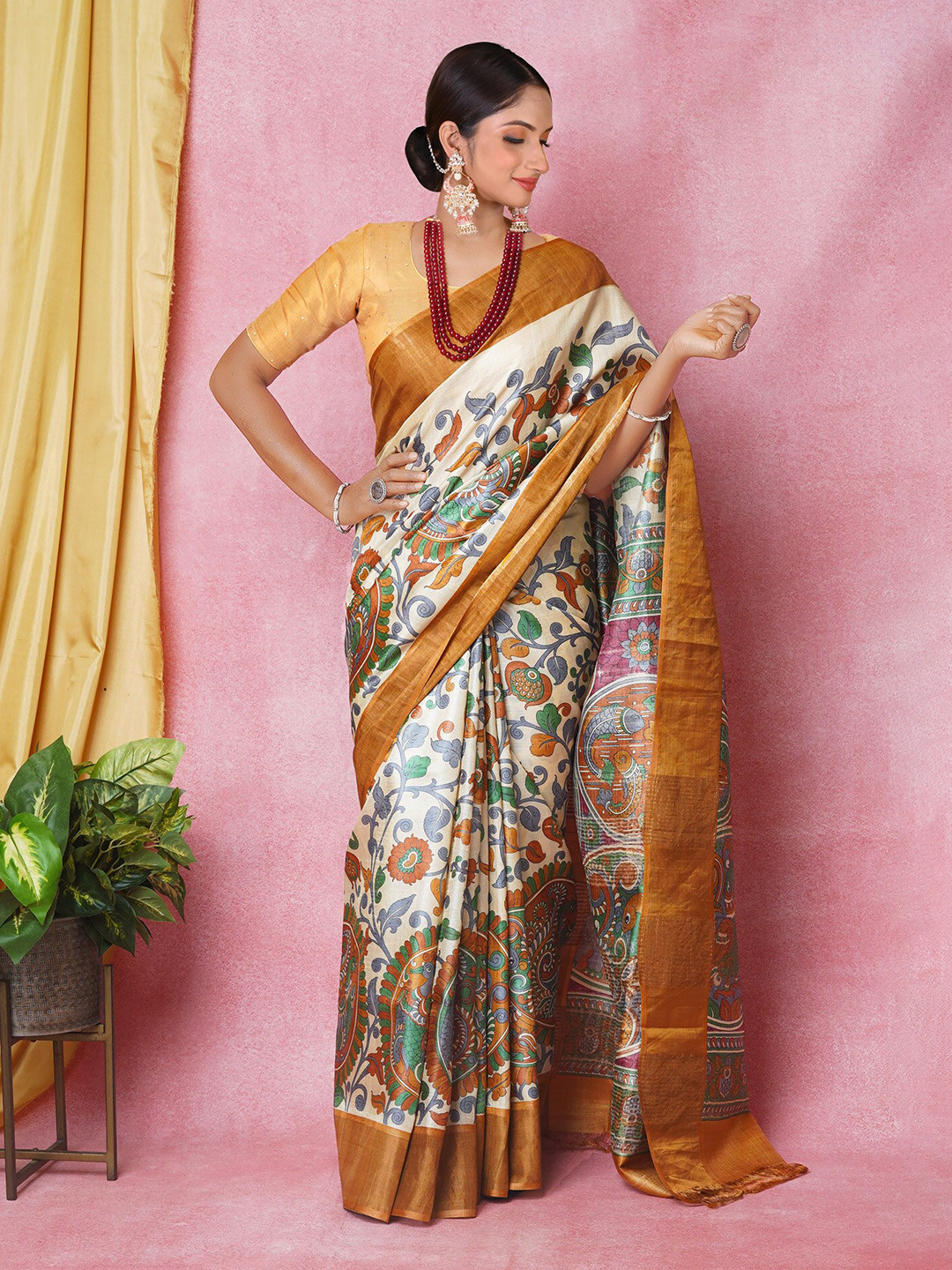 

Unnati Silks Ethnic Motifs Printed Zari Pure Silk Tussar Saree, Cream